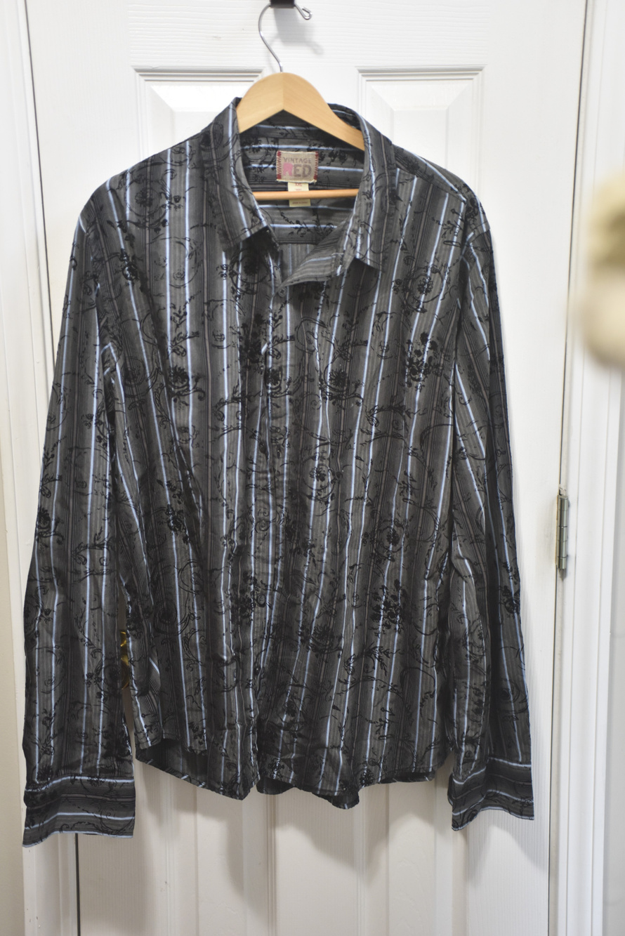 Vintage Red XXL Button Up Long Sleeve Shirt Black Striped Floral Pattern LSC073